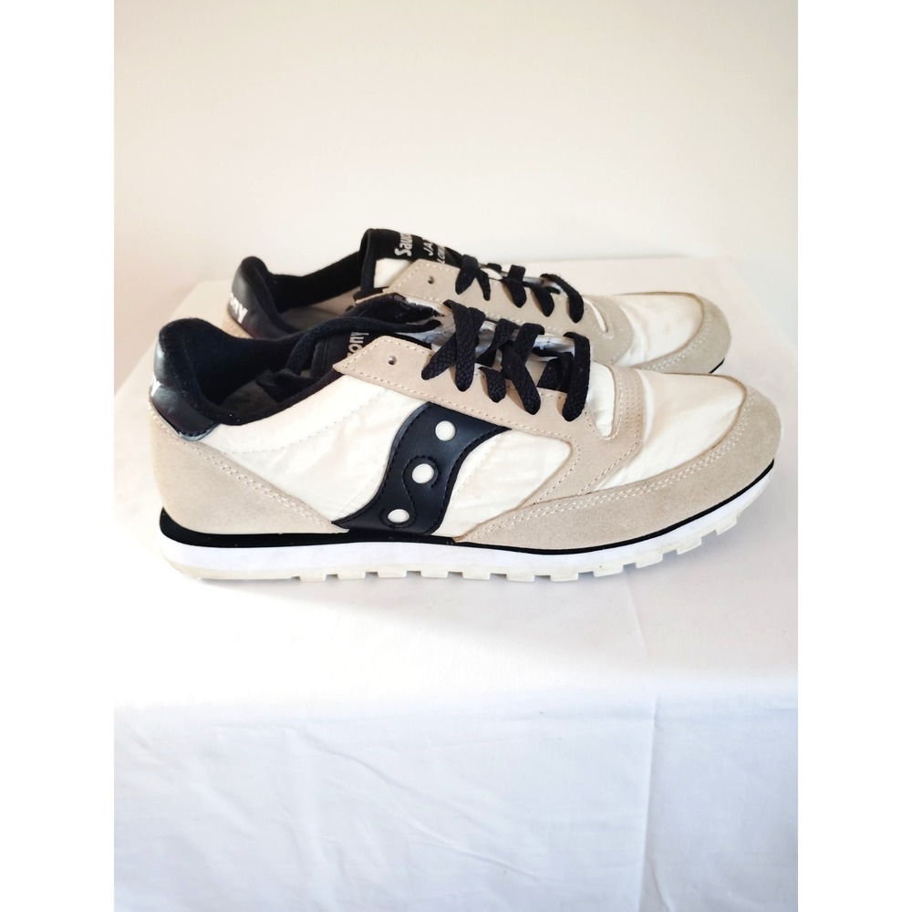 EUC Saucony Jazz Original Beige Suede White Nylon Black Trim Sneakers Men 7.5